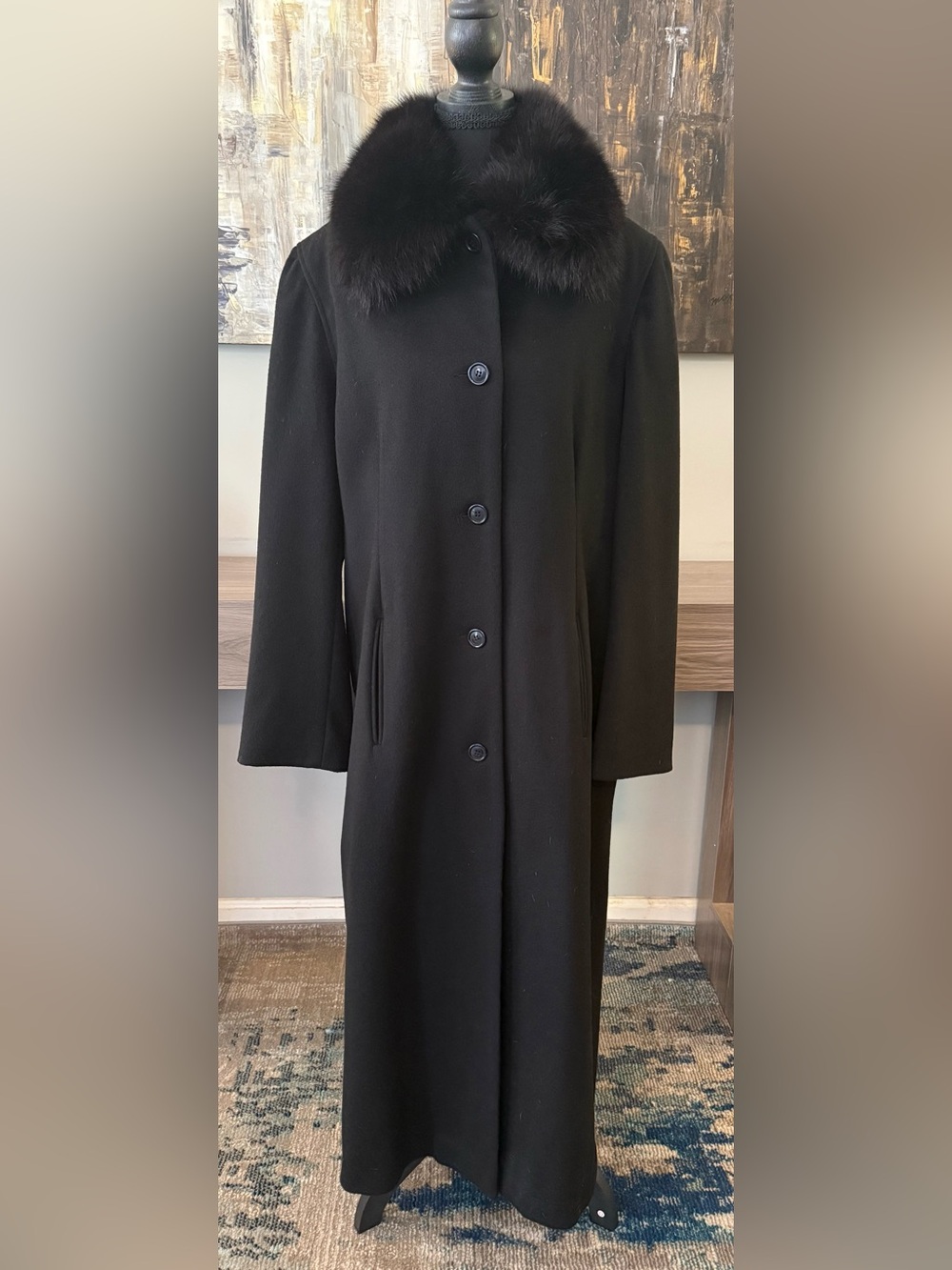 Vintage Andrea Collection 100% Wool Maxi Coat Real Fox Fur Collar Black USA 14